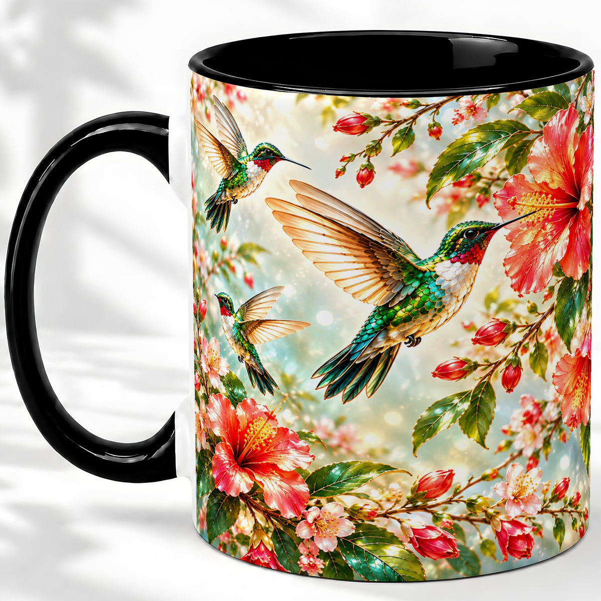 #pl[11oz|Black] Hummingbird Hibiscus Floral Ceramic Mug for Bird Lovers