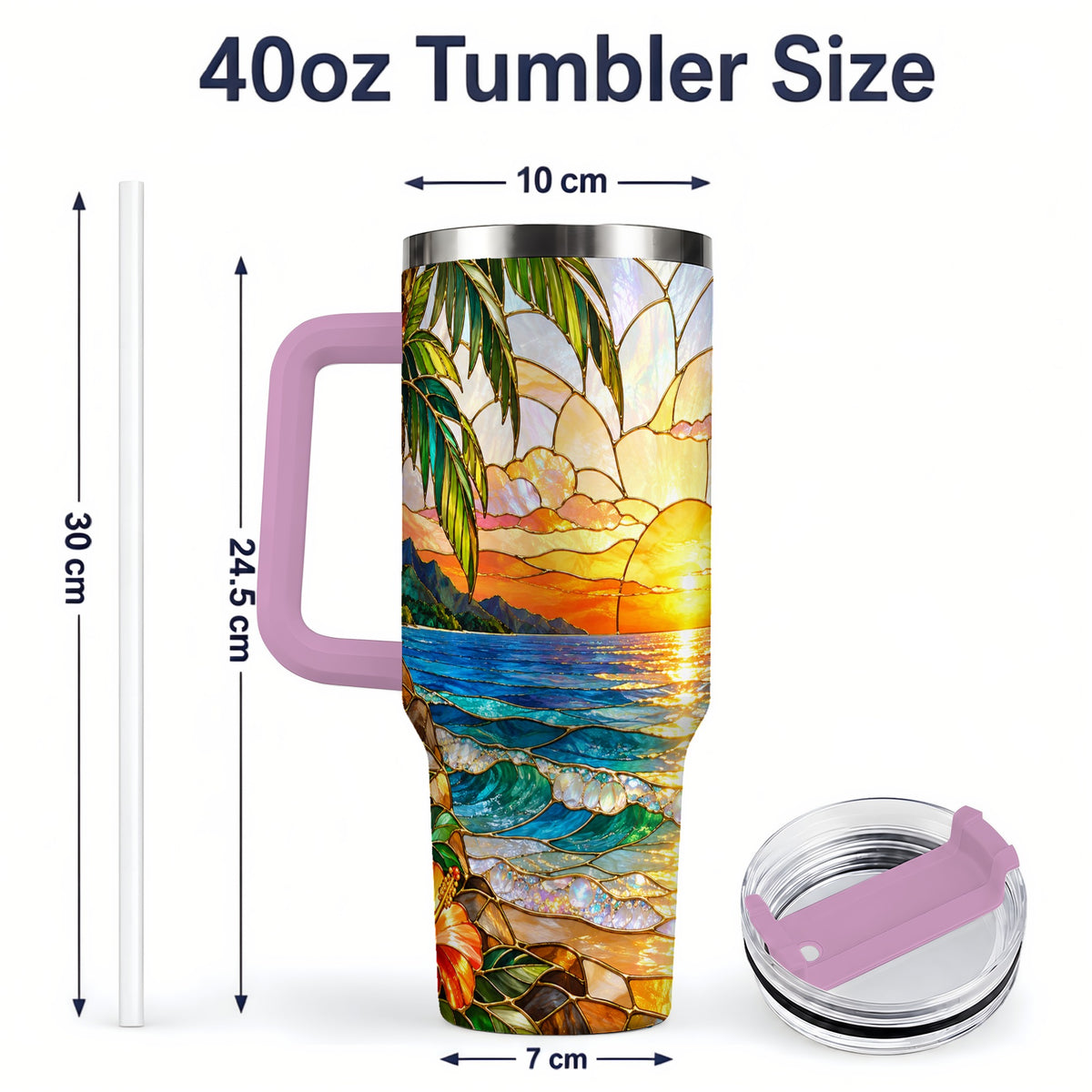 #pl[40oz|Pink] Stained Glass Style Beach Sunset 40oz Tumbler, Stainless Steel Drinkware