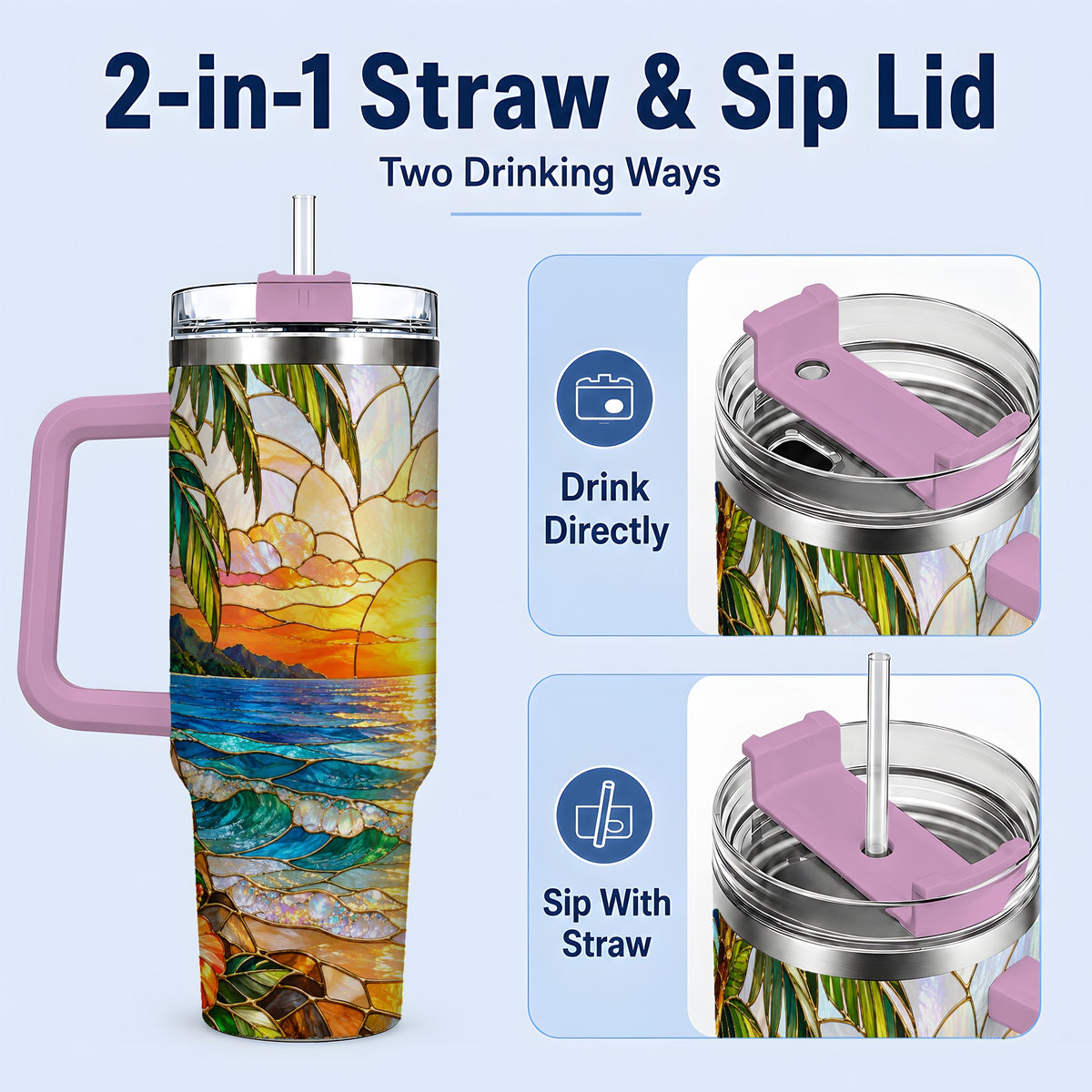 #pl[40oz|Pink] Stained Glass Style Beach Sunset 40oz Tumbler, Stainless Steel Drinkware
