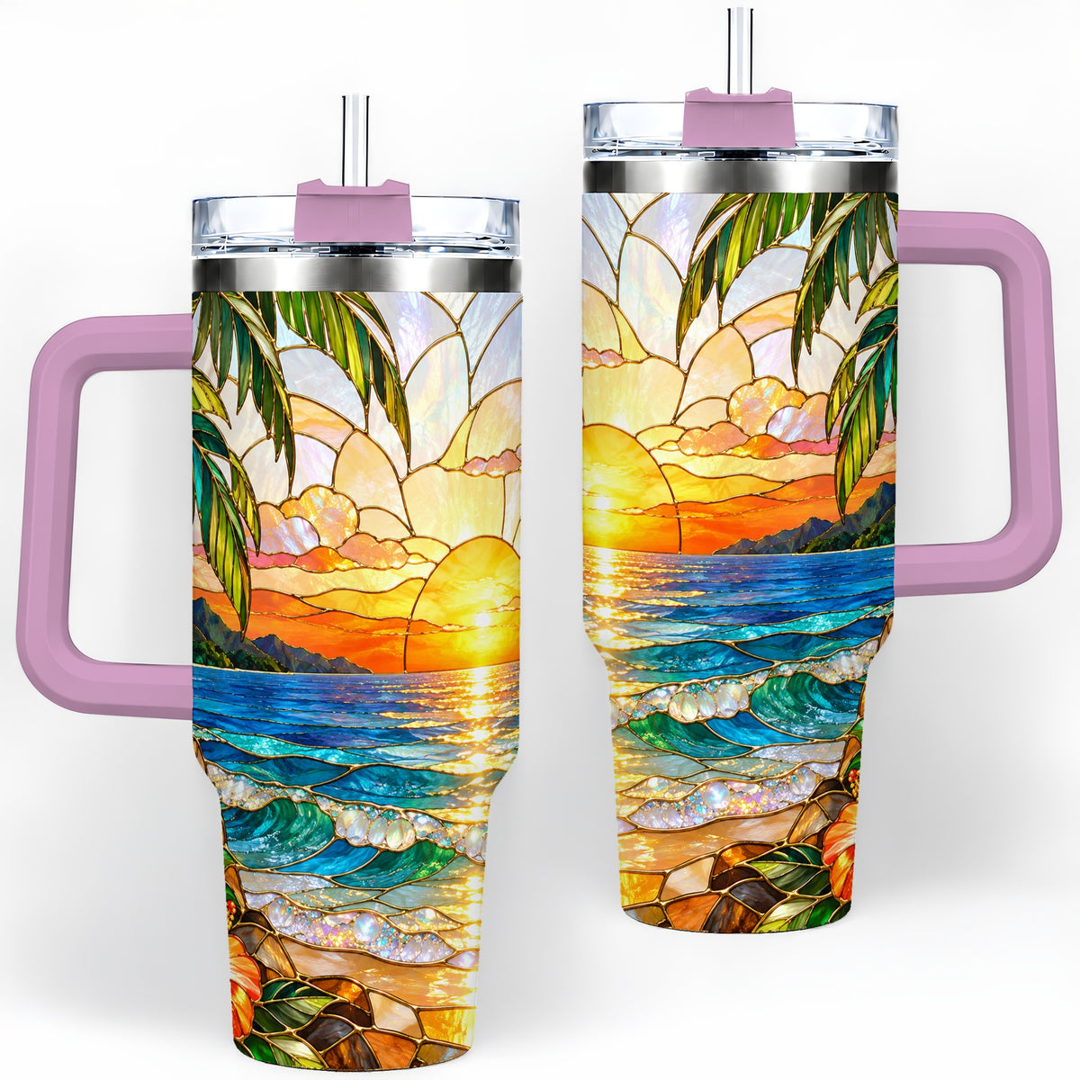 #pl[40oz|Pink] Stained Glass Style Beach Sunset 40oz Tumbler, Stainless Steel Drinkware