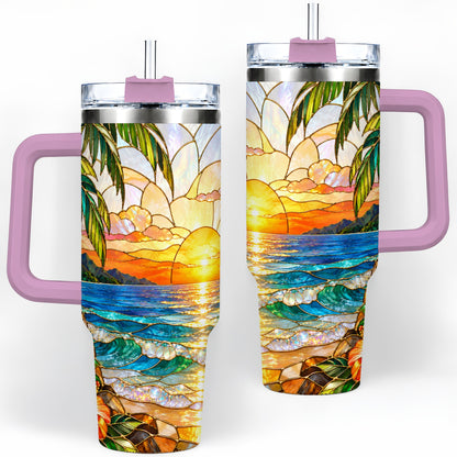 #pl[40oz|Pink] Stained Glass Style Beach Sunset 40oz Tumbler, Stainless Steel Drinkware