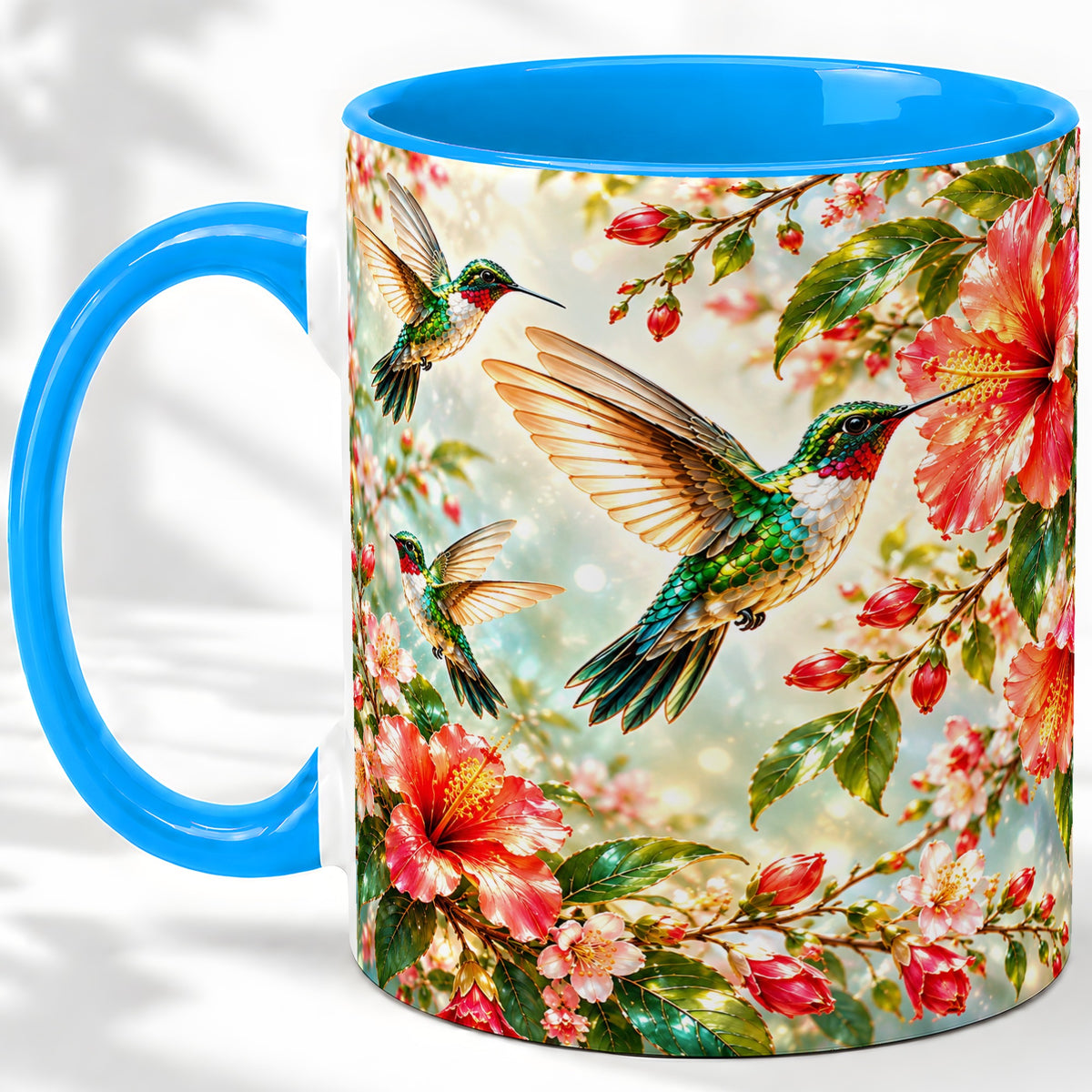 #pl[11oz|Blue] Hummingbird Hibiscus Floral Ceramic Mug for Bird Lovers