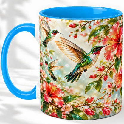 #pl[11oz|Blue] Hummingbird Hibiscus Floral Ceramic Mug for Bird Lovers