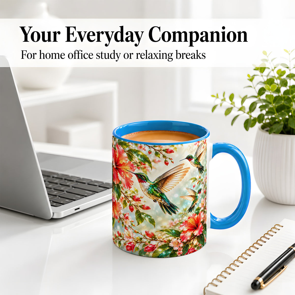 #pl[11oz|Blue] Hummingbird Hibiscus Floral Ceramic Mug for Bird Lovers