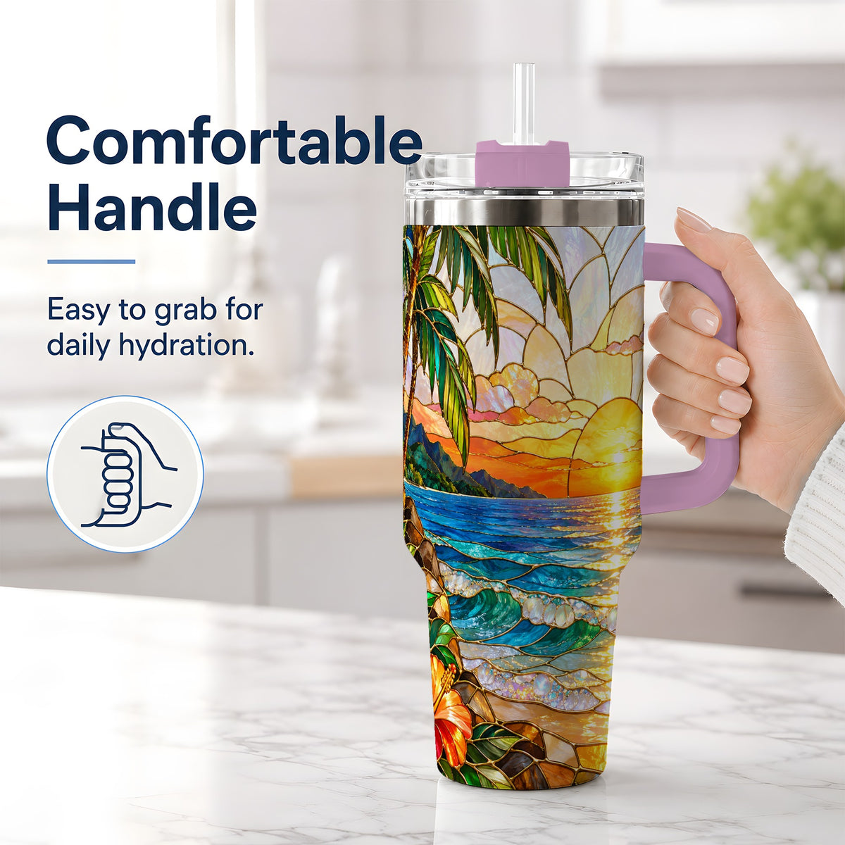 #pl[40oz|Pink] Stained Glass Style Beach Sunset 40oz Tumbler, Stainless Steel Drinkware