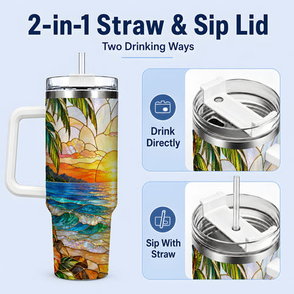 #pl[40oz|White] Stained Glass Style Beach Sunset 40oz Tumbler, Stainless Steel Drinkware
