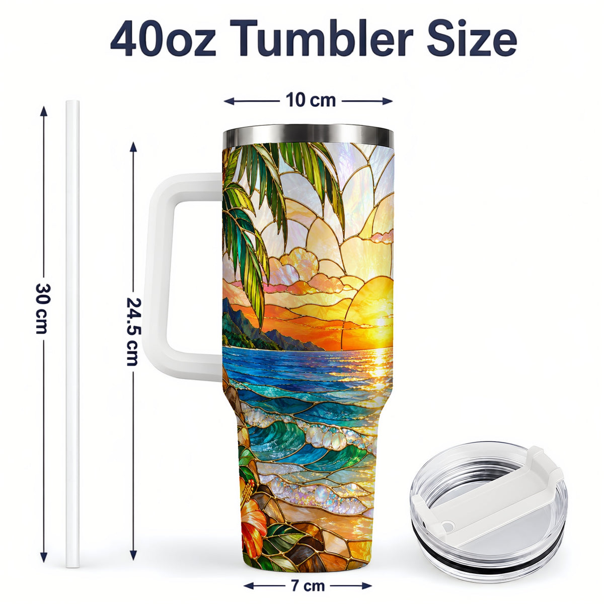 #pl[40oz|White] Stained Glass Style Beach Sunset 40oz Tumbler, Stainless Steel Drinkware
