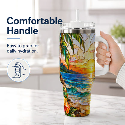 #pl[40oz|White] Stained Glass Style Beach Sunset 40oz Tumbler, Stainless Steel Drinkware