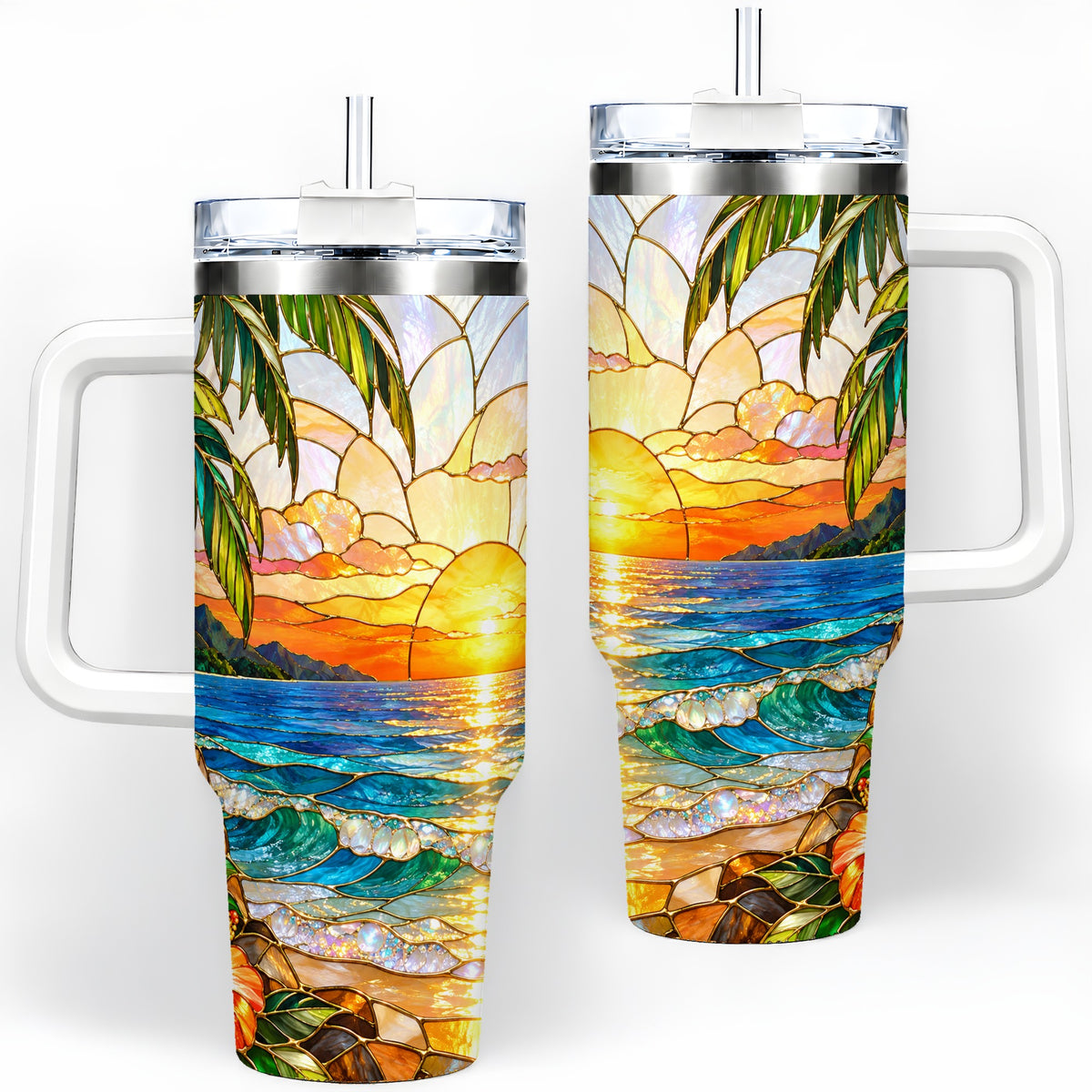 Stained Glass Style Beach Sunset 40oz Tumbler, Stainless Steel Drinkware