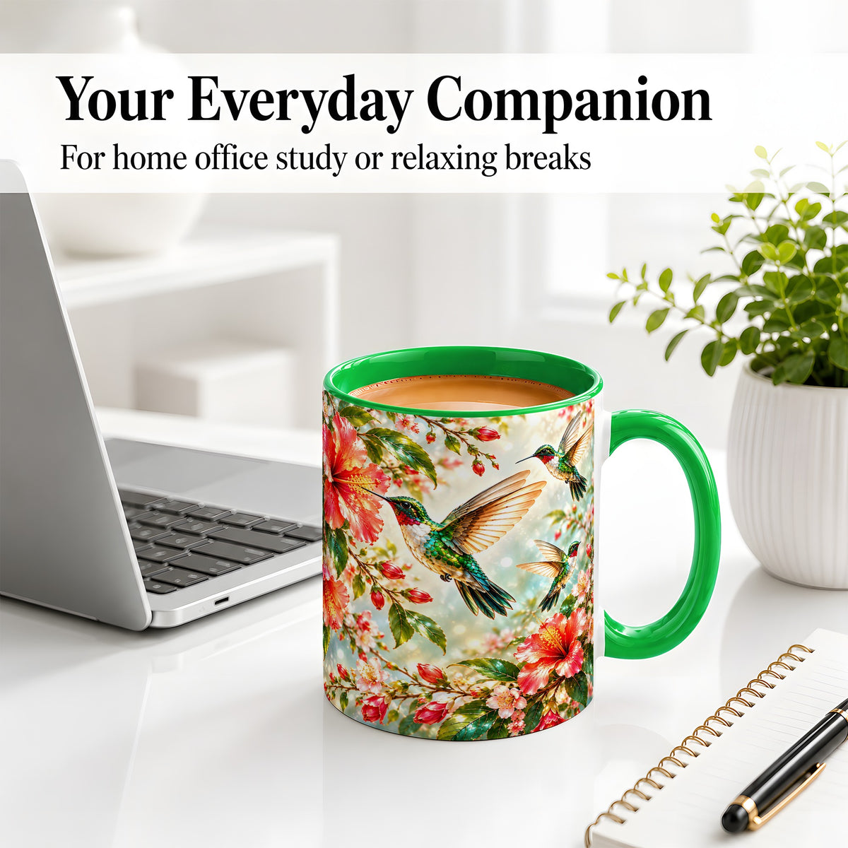 #pl[11oz|Green] Hummingbird Hibiscus Floral Ceramic Mug for Bird Lovers