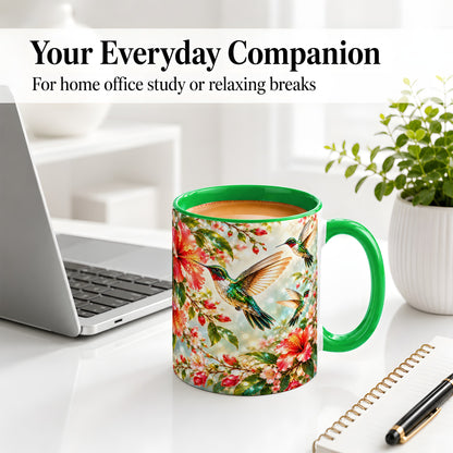 #pl[11oz|Green] Hummingbird Hibiscus Floral Ceramic Mug for Bird Lovers