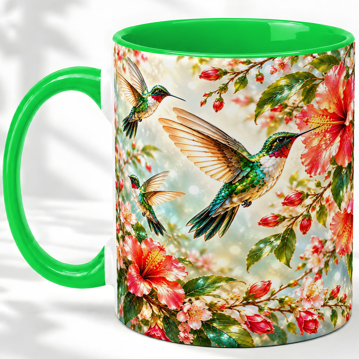 #pl[11oz|Green] Hummingbird Hibiscus Floral Ceramic Mug for Bird Lovers