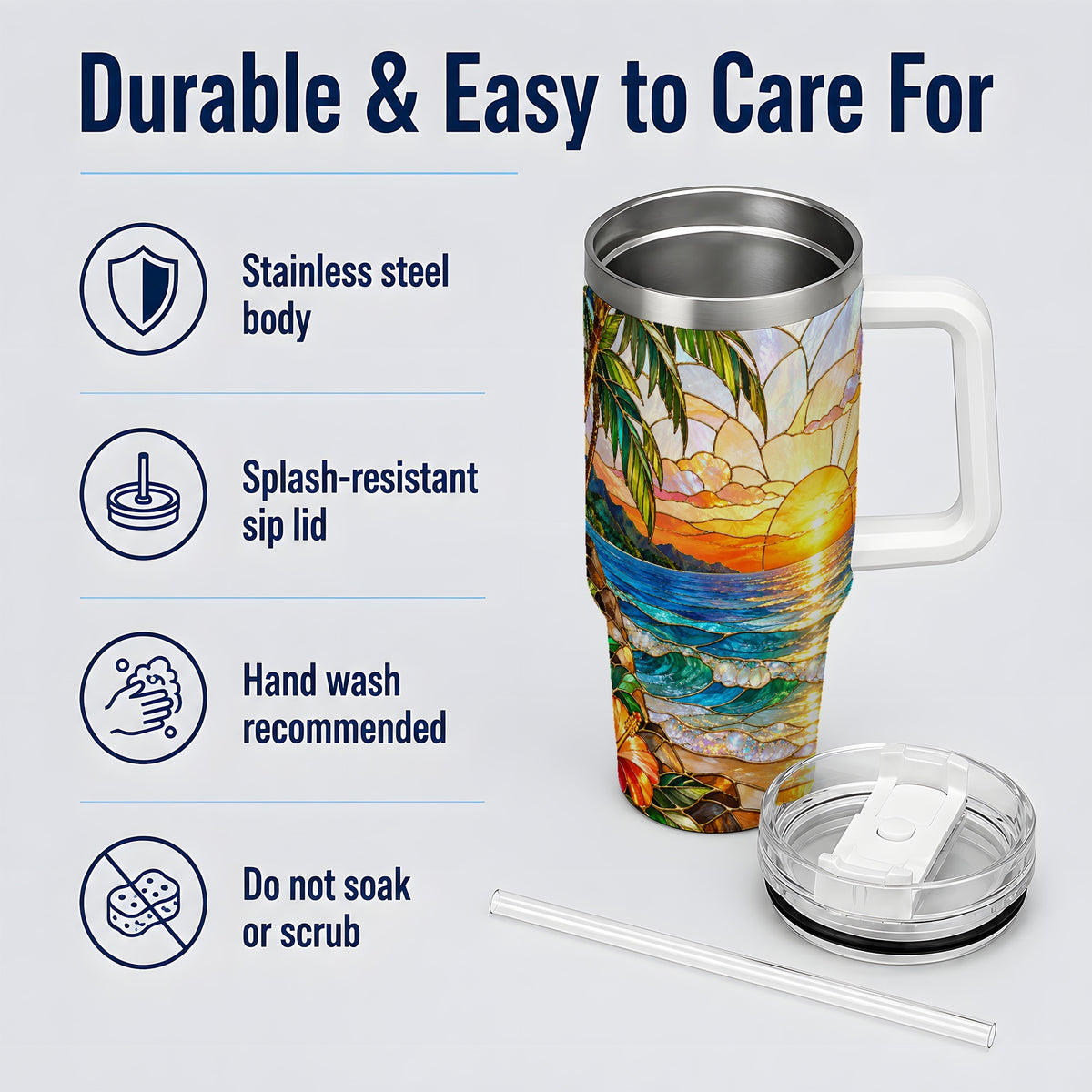 Stained Glass Style Beach Sunset 40oz Tumbler, Stainless Steel Drinkware