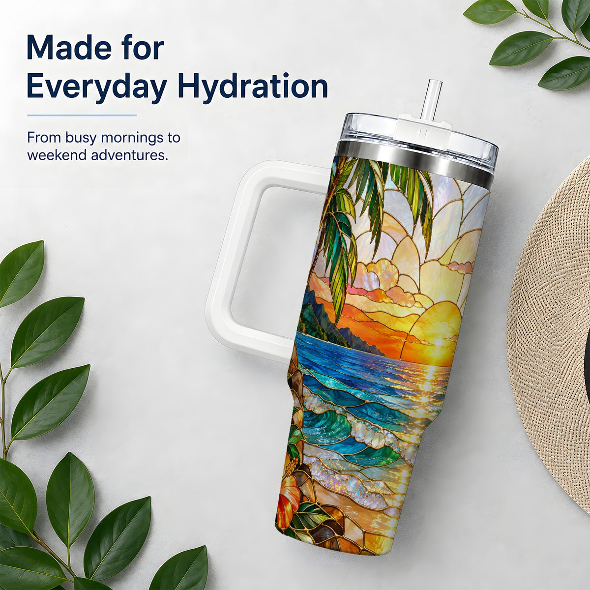 Stained Glass Style Beach Sunset 40oz Tumbler, Stainless Steel Drinkware
