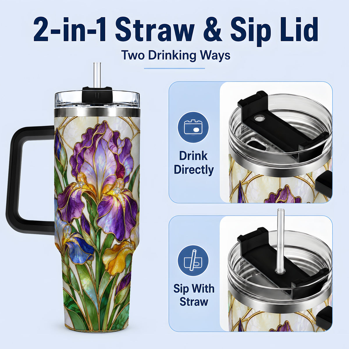 #pl[40oz|Black] Stained Glass Style Iris 40oz Tumbler, Stainless Steel Drinkware