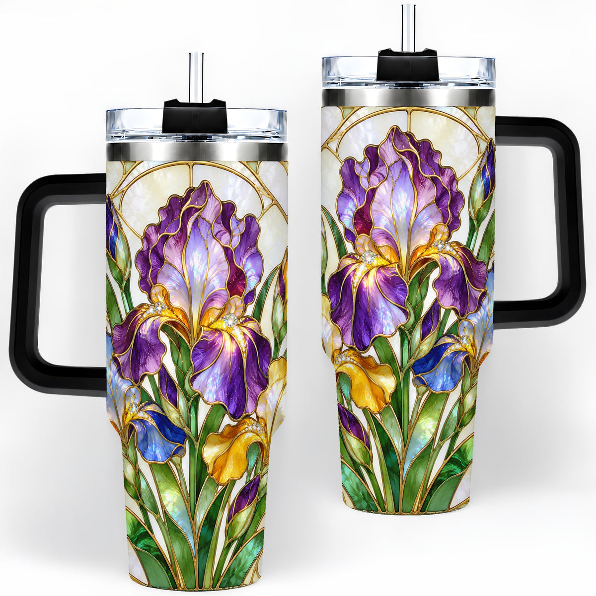 #pl[40oz|Black] Stained Glass Style Iris 40oz Tumbler, Stainless Steel Drinkware