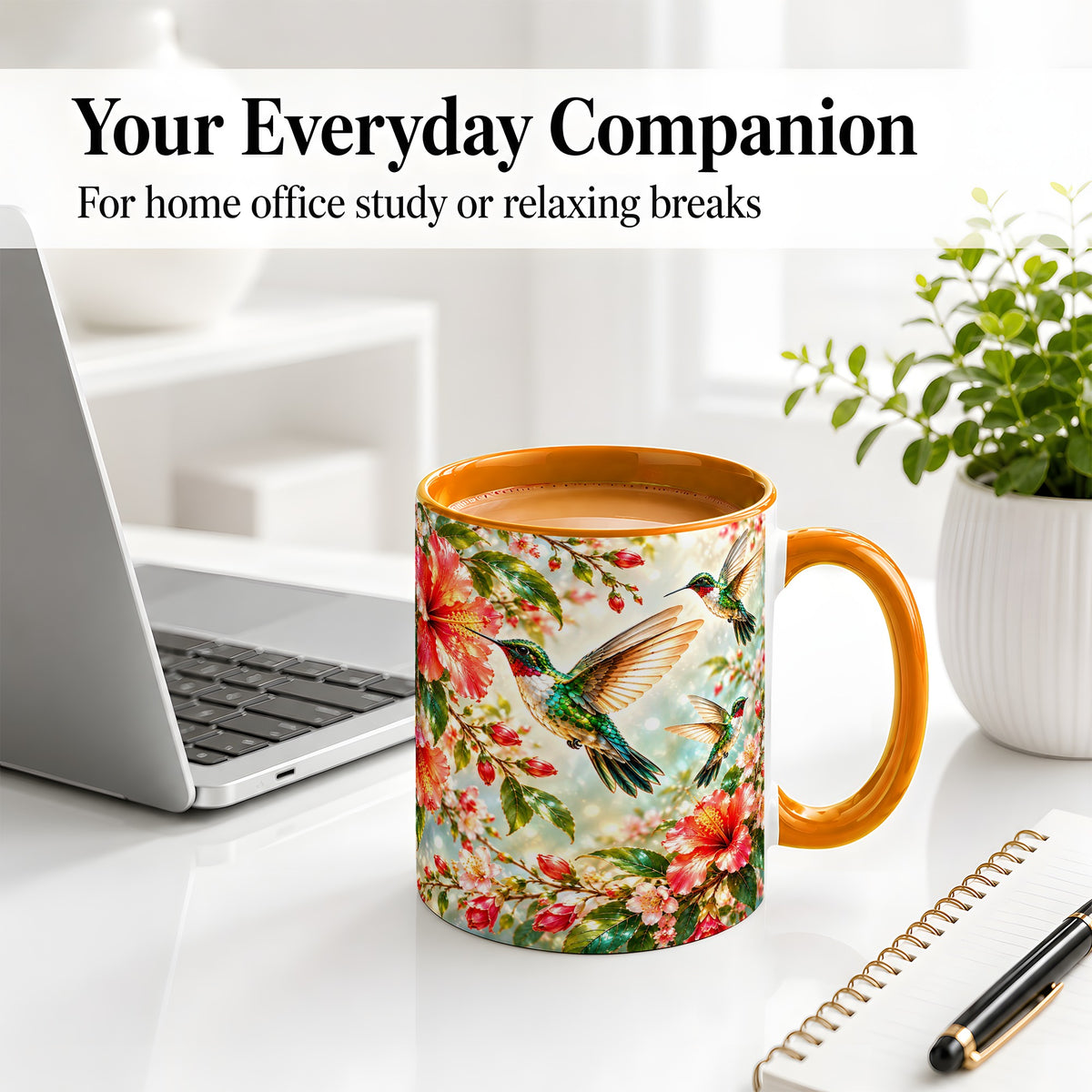 #pl[11oz|Orange] Hummingbird Hibiscus Floral Ceramic Mug for Bird Lovers