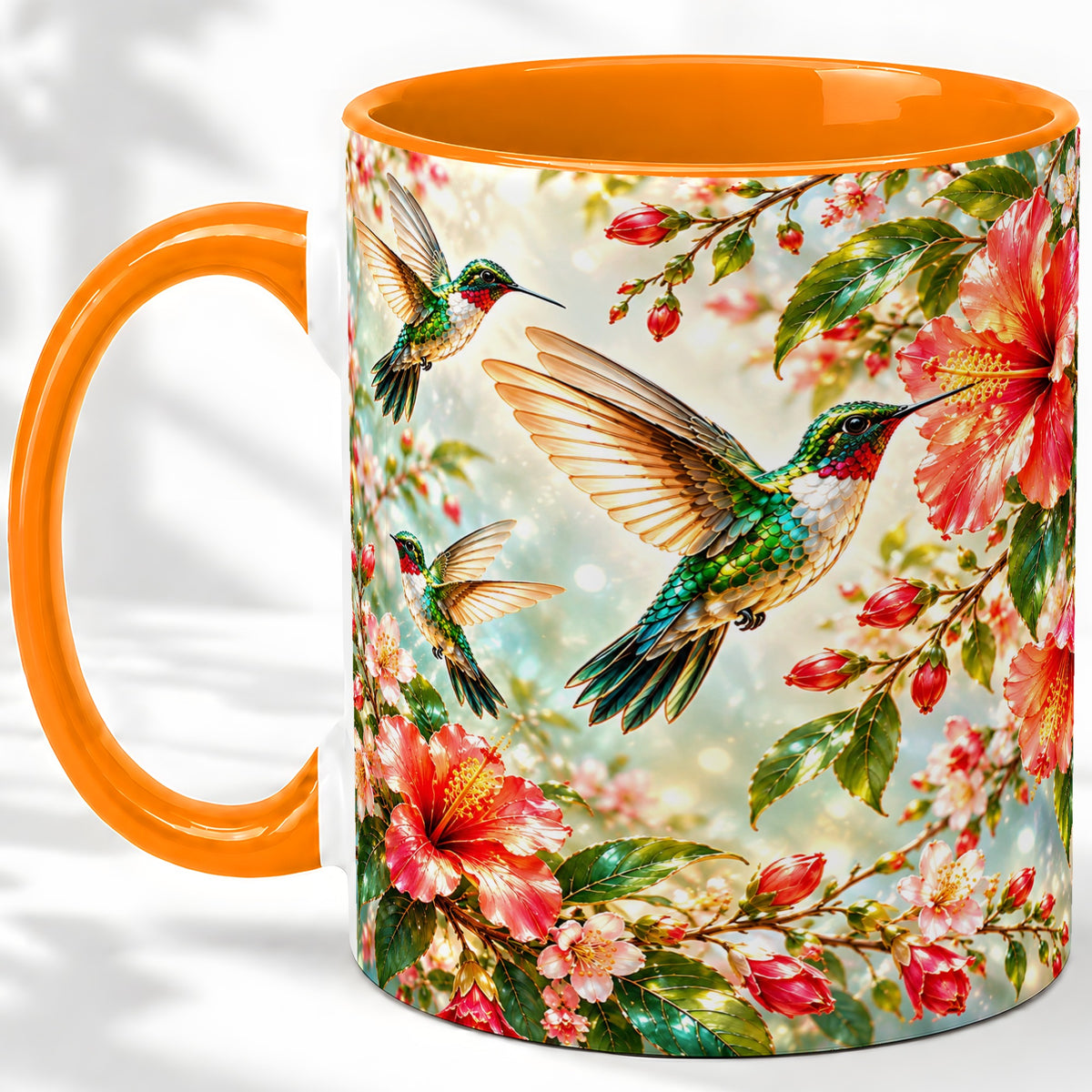 #pl[11oz|Orange] Hummingbird Hibiscus Floral Ceramic Mug for Bird Lovers