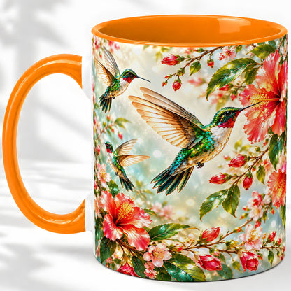 #pl[11oz|Orange] Hummingbird Hibiscus Floral Ceramic Mug for Bird Lovers