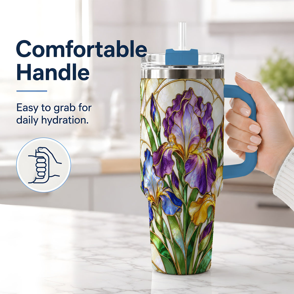 #pl[40oz|Blue] Stained Glass Style Iris 40oz Tumbler, Stainless Steel Drinkware