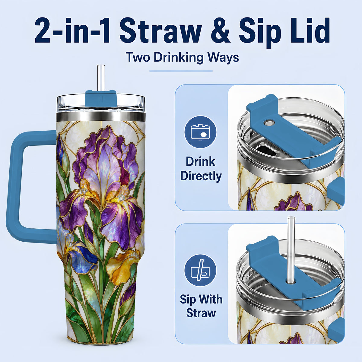 #pl[40oz|Blue] Stained Glass Style Iris 40oz Tumbler, Stainless Steel Drinkware