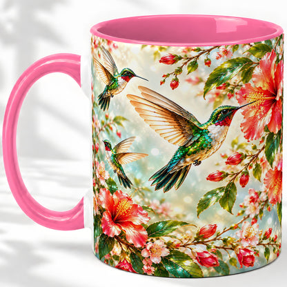 #pl[11oz|Pink] Hummingbird Hibiscus Floral Ceramic Mug for Bird Lovers
