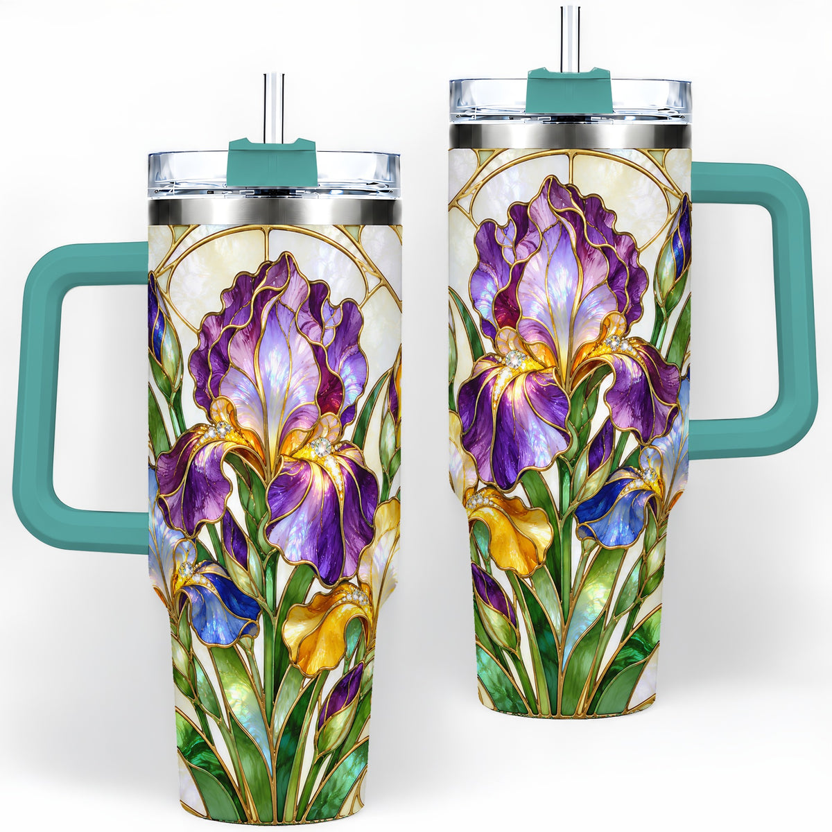 #pl[40oz|Green] Stained Glass Style Iris 40oz Tumbler, Stainless Steel Drinkware