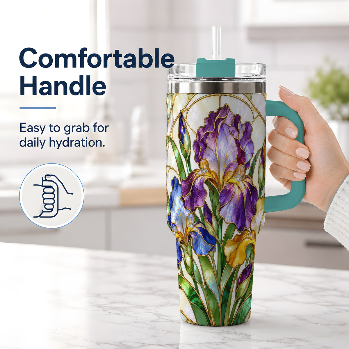 #pl[40oz|Green] Stained Glass Style Iris 40oz Tumbler, Stainless Steel Drinkware