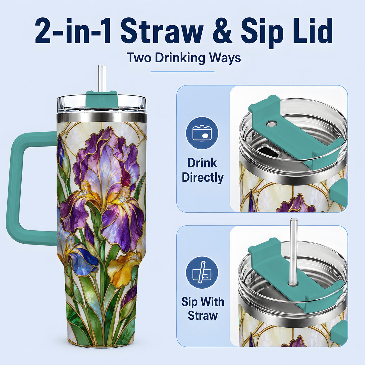 #pl[40oz|Green] Stained Glass Style Iris 40oz Tumbler, Stainless Steel Drinkware