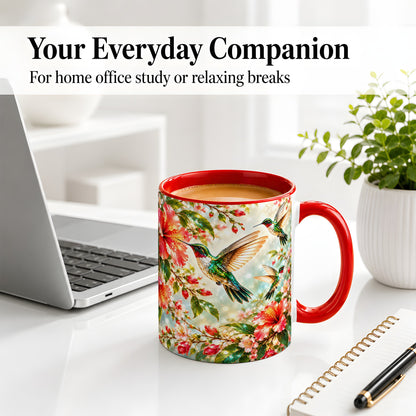 #pl[11oz|Red] Hummingbird Hibiscus Floral Ceramic Mug for Bird Lovers