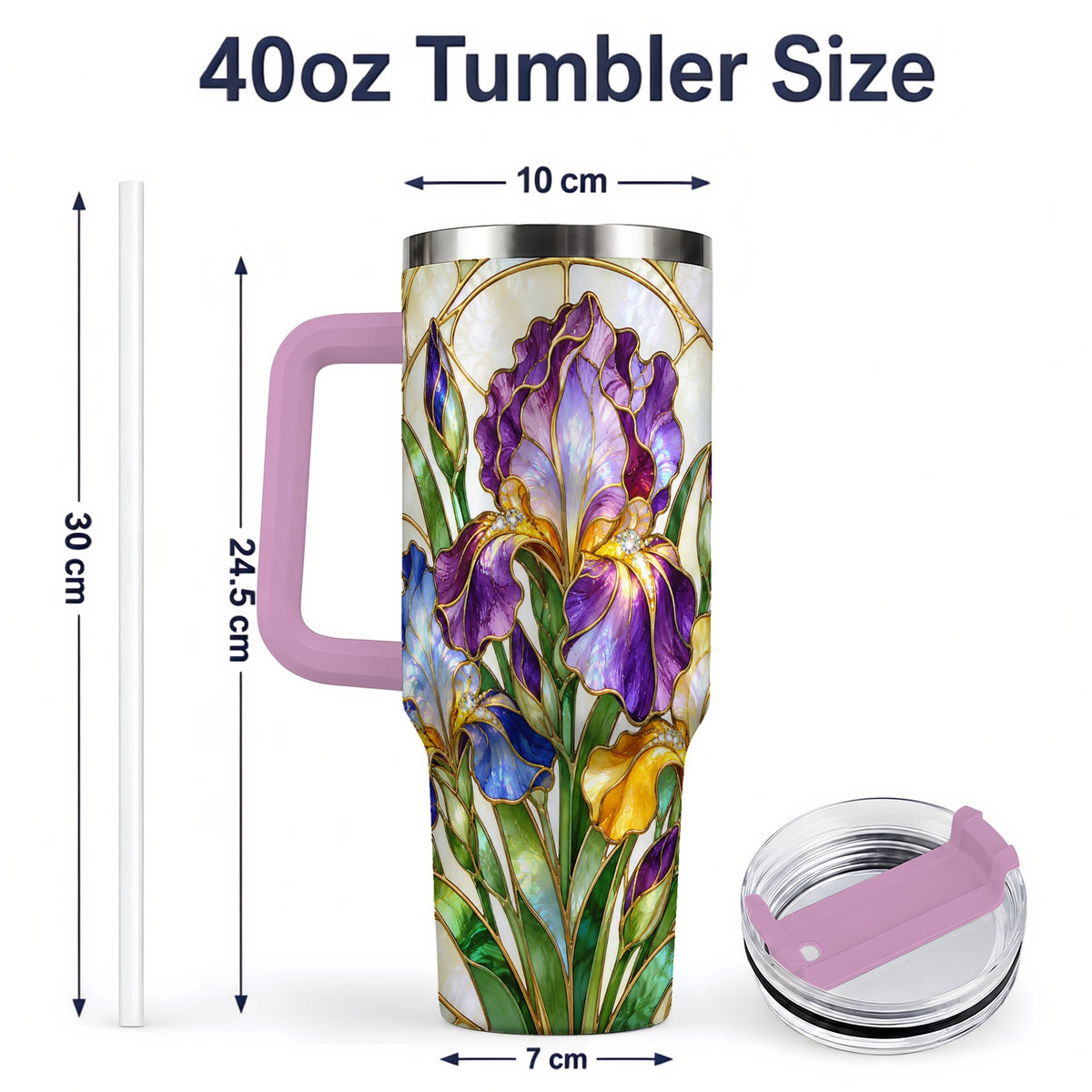 #pl[40oz|Pink] Stained Glass Style Iris 40oz Tumbler, Stainless Steel Drinkware