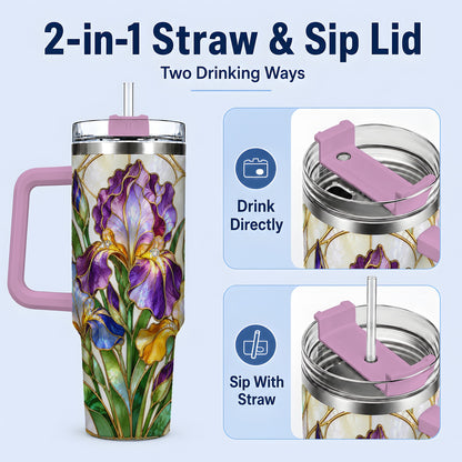 #pl[40oz|Pink] Stained Glass Style Iris 40oz Tumbler, Stainless Steel Drinkware