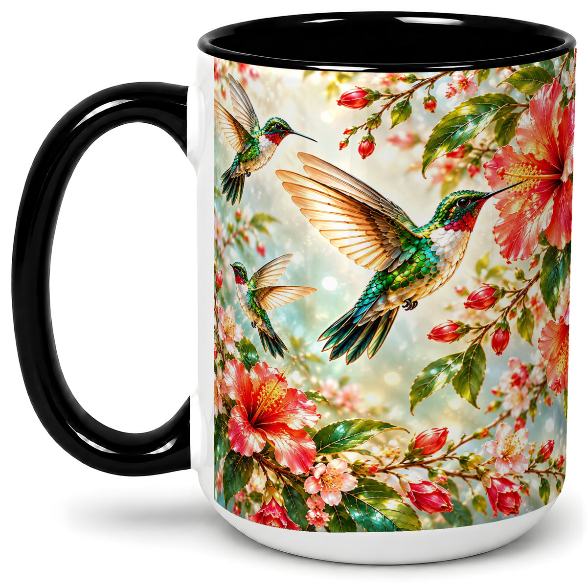 #pl[15oz|Black] Hummingbird Hibiscus Floral Ceramic Mug for Bird Lovers