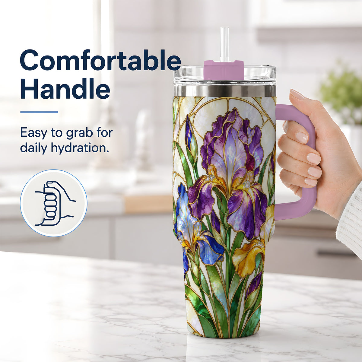 #pl[40oz|Pink] Stained Glass Style Iris 40oz Tumbler, Stainless Steel Drinkware