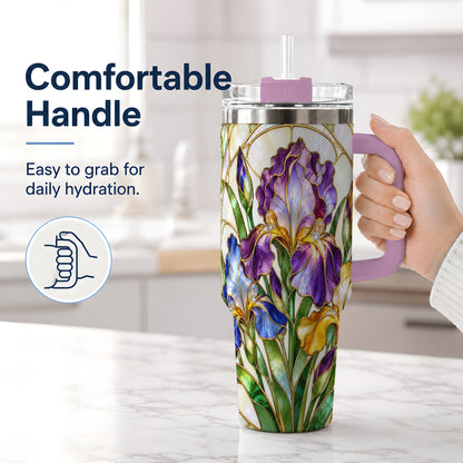#pl[40oz|Pink] Stained Glass Style Iris 40oz Tumbler, Stainless Steel Drinkware