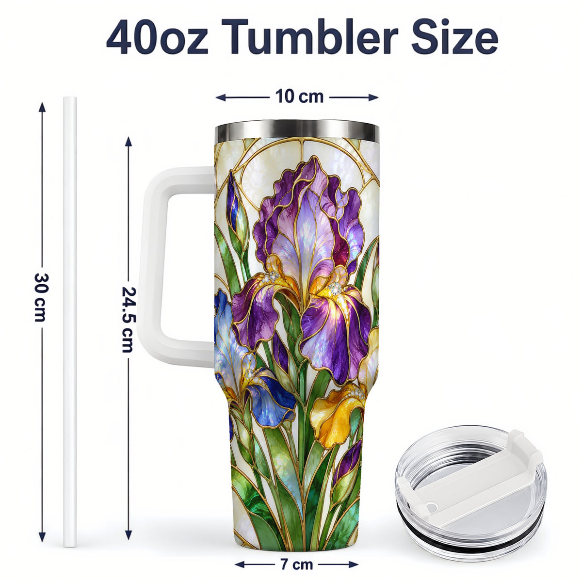 #pl[40oz|White] Stained Glass Style Iris 40oz Tumbler, Stainless Steel Drinkware