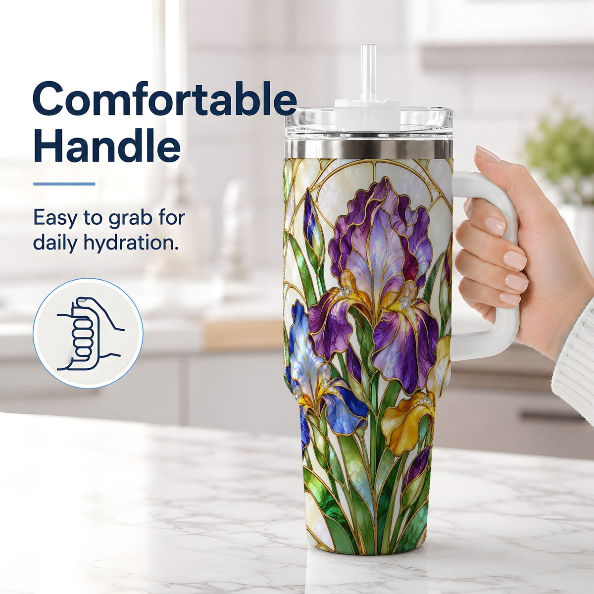 #pl[40oz|White] Stained Glass Style Iris 40oz Tumbler, Stainless Steel Drinkware