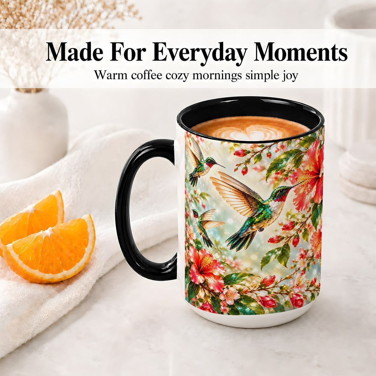 #pl[15oz|Black] Hummingbird Hibiscus Floral Ceramic Mug for Bird Lovers