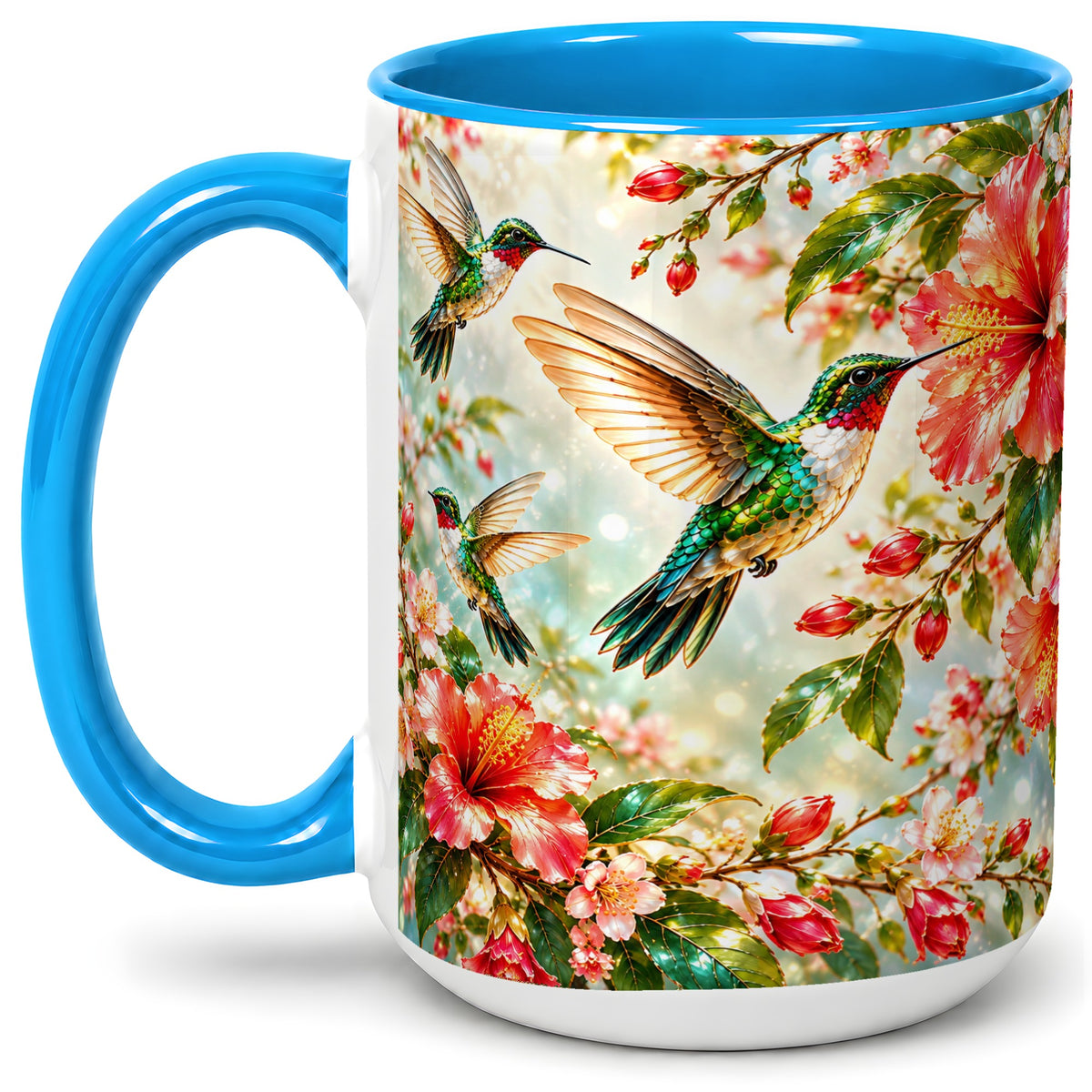 #pl[15oz|Blue] Hummingbird Hibiscus Floral Ceramic Mug for Bird Lovers