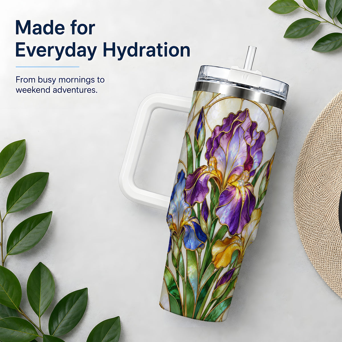 Stained Glass Style Iris 40oz Tumbler, Stainless Steel Drinkware