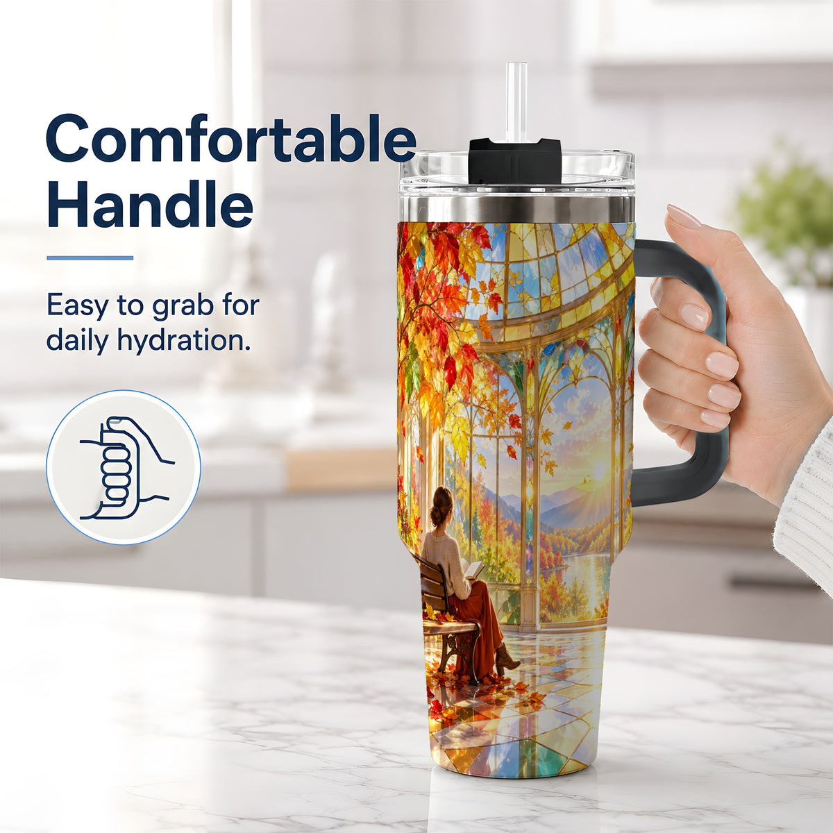 #pl[40oz|Black] Autumn Reading Scene 40oz Tumbler, Stainless Steel Fall Drinkware