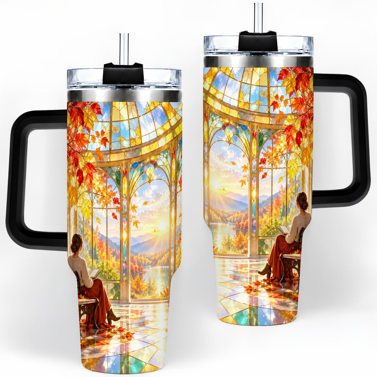 #pl[40oz|Black] Autumn Reading Scene 40oz Tumbler, Stainless Steel Fall Drinkware