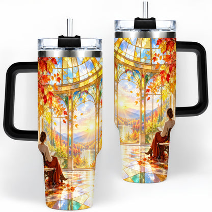 #pl[40oz|Black] Autumn Reading Scene 40oz Tumbler, Stainless Steel Fall Drinkware