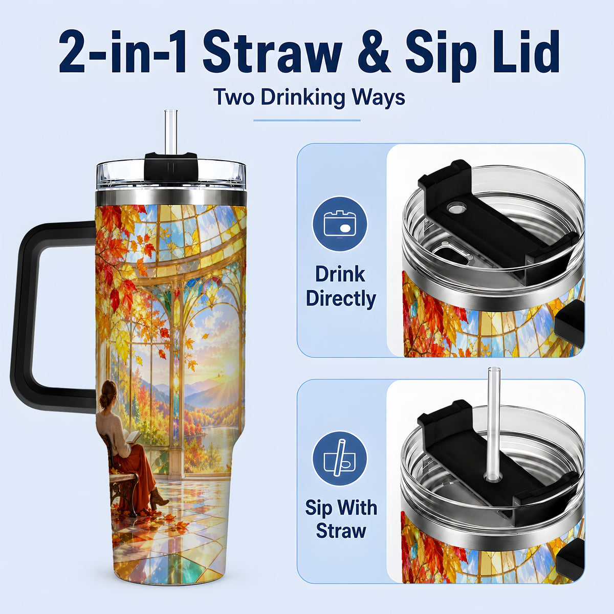 #pl[40oz|Black] Autumn Reading Scene 40oz Tumbler, Stainless Steel Fall Drinkware