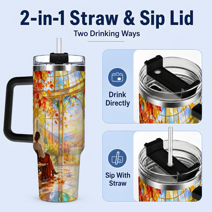#pl[40oz|Black] Autumn Reading Scene 40oz Tumbler, Stainless Steel Fall Drinkware