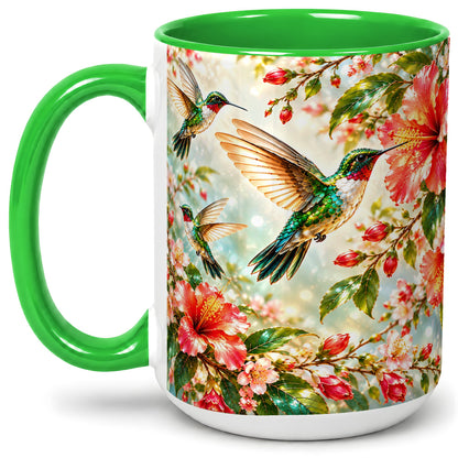 #pl[15oz|Green] Hummingbird Hibiscus Floral Ceramic Mug for Bird Lovers