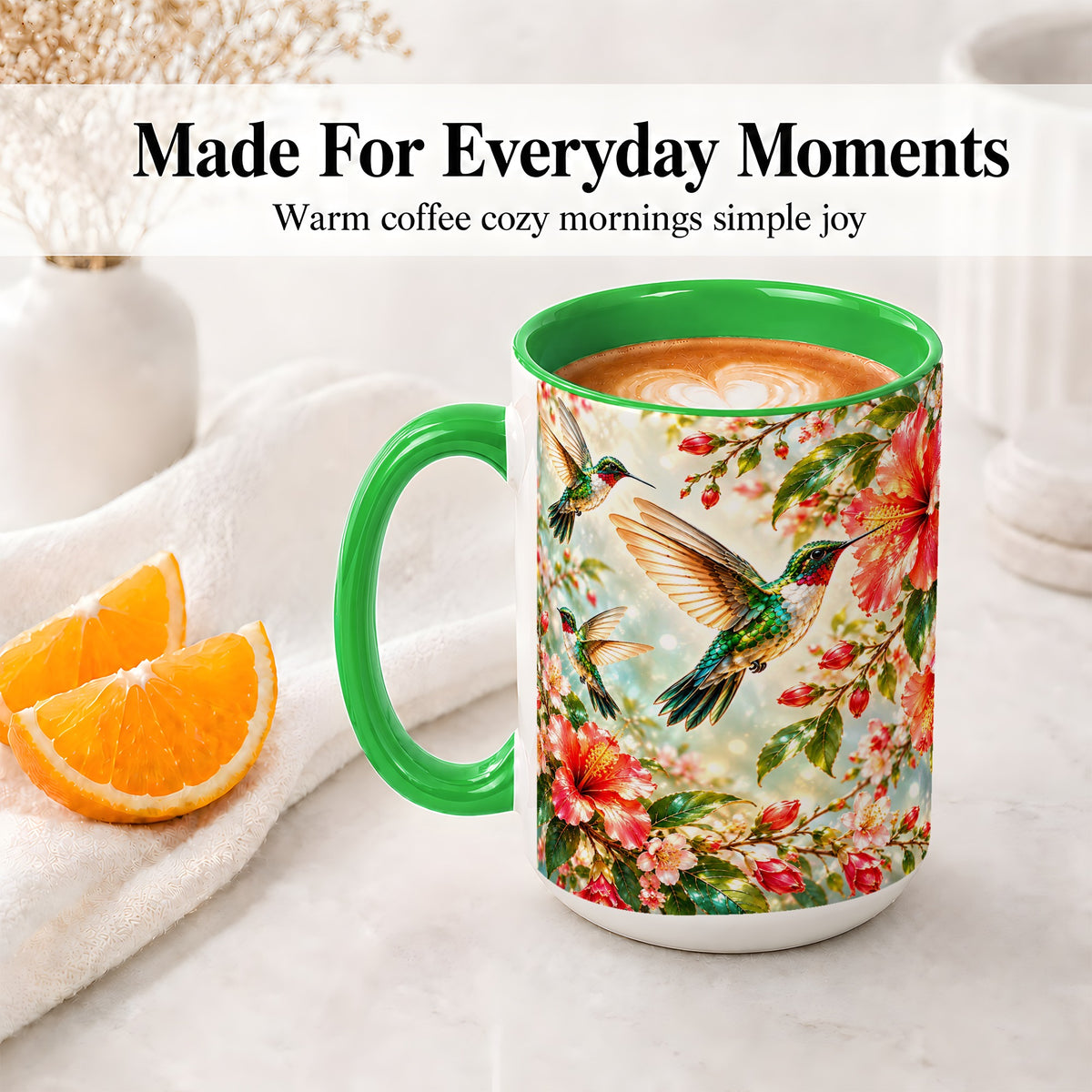#pl[15oz|Green] Hummingbird Hibiscus Floral Ceramic Mug for Bird Lovers