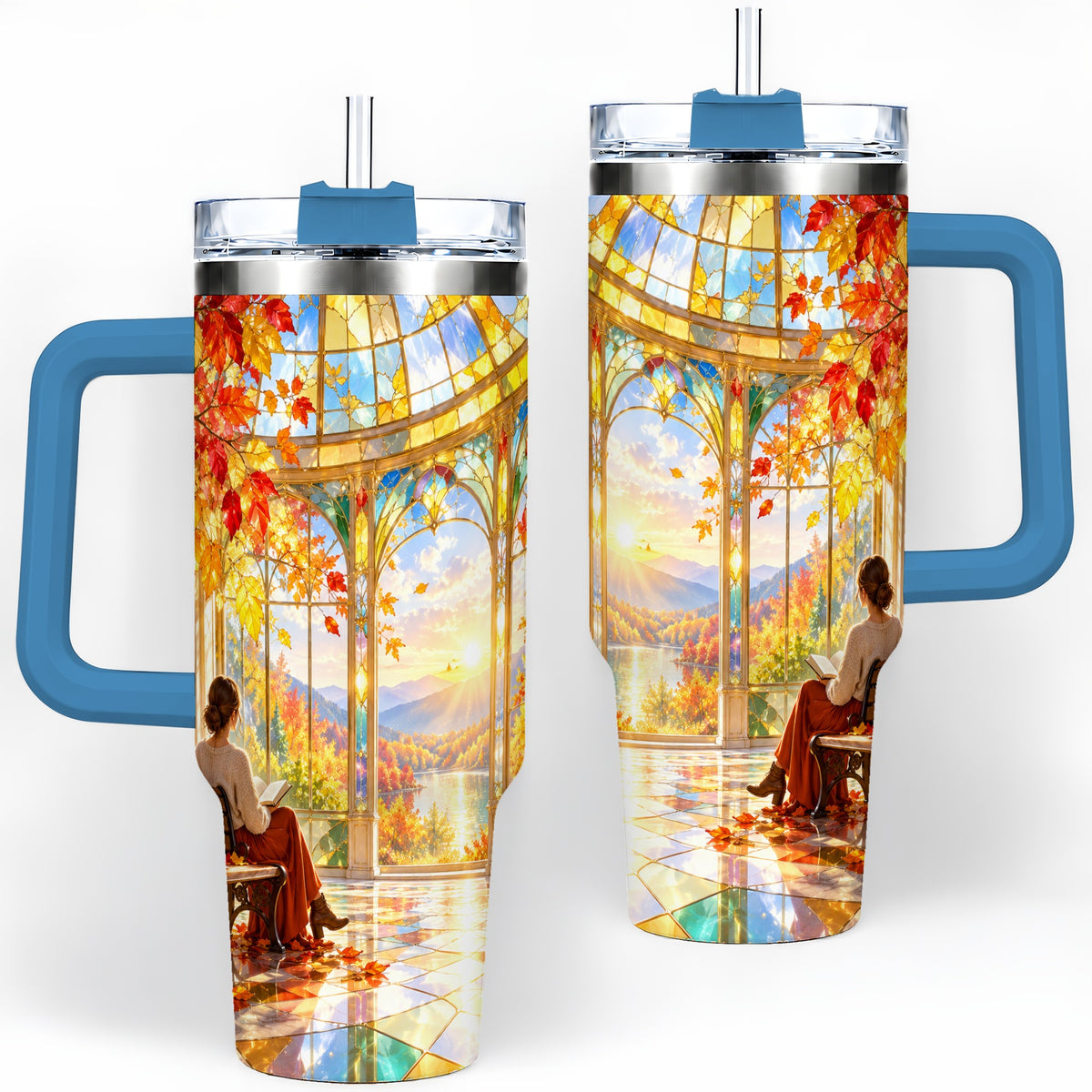 #pl[40oz|Blue] Autumn Reading Scene 40oz Tumbler, Stainless Steel Fall Drinkware