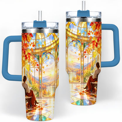 #pl[40oz|Blue] Autumn Reading Scene 40oz Tumbler, Stainless Steel Fall Drinkware