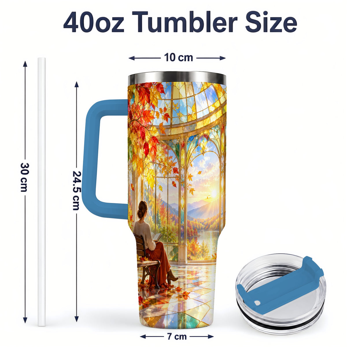 #pl[40oz|Blue] Autumn Reading Scene 40oz Tumbler, Stainless Steel Fall Drinkware